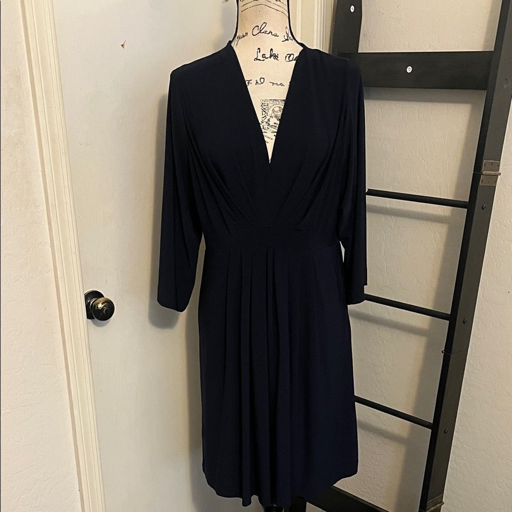 Eliza J Blue V-Neck Pleated Side Zipper Dress Event Party Wedding Guest